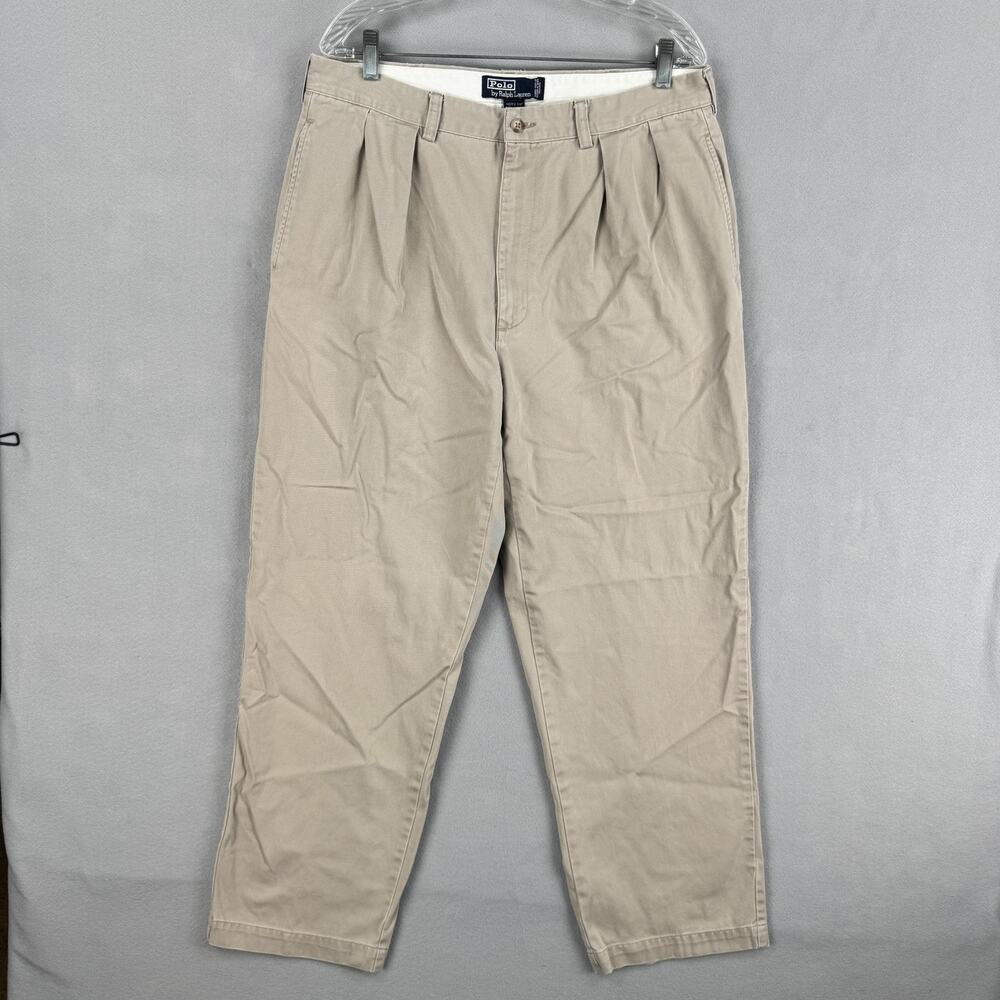 Polo Ralph Lauren Andrew Pants Mens 34x28 Beige Pleated Chino Cotton Casual
